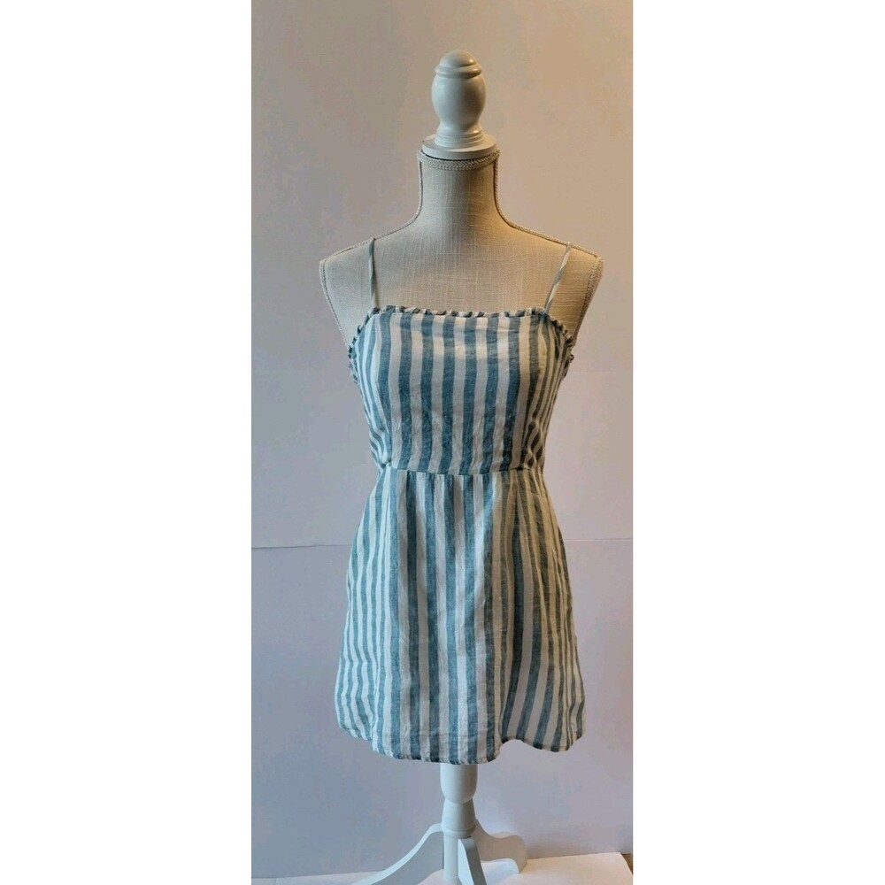 The Impeccable Pig Sz M Linen Blend Blue/White Striped Lined Mini Dress w/Straps
